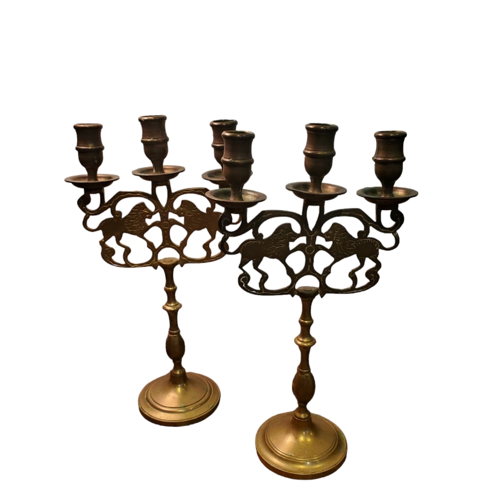Antique/ COLLECTORS Brass LION CANDELABRAS Judaica NY Brass 11.75" Sabbath RARE